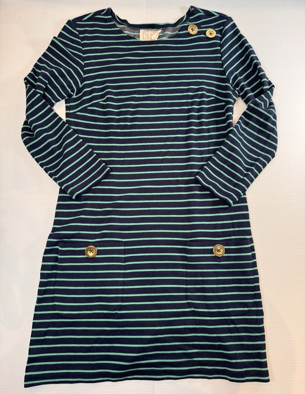 Sail to Sable XS Navy Green Striped Ponte Knit Shift Dress Gold Buttons Preppy